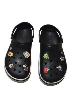 Women’s Size 11 Crocs Crocband Clogs Black/White w/ Disney Jibbitz Charms